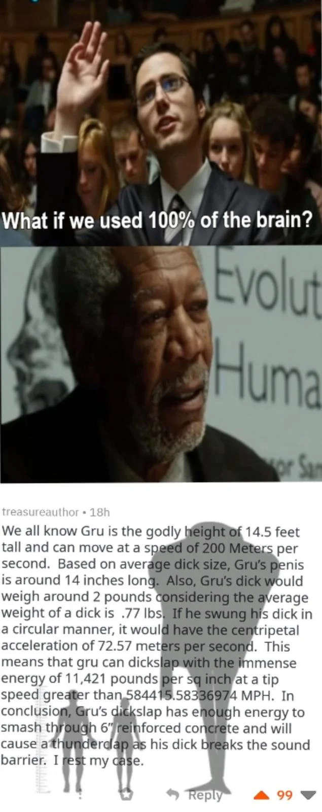 Grus Height Copypasta — Multi-panel composite with '100% brain' format paired with Reddit Gru height calculations discussion.