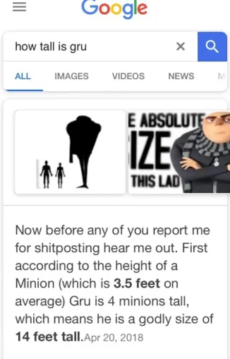 Grus Height Copypasta — Screenshot of Google search results for 'how tall is gru' displaying copypasta analysis snippets.