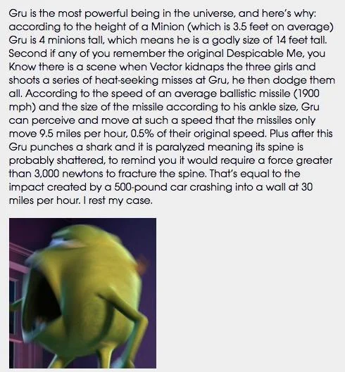 Grus Height Copypasta — Original Gru's Height Copypasta meme text displayed with yellow Minion character analyzing Gru's mathematical power.
