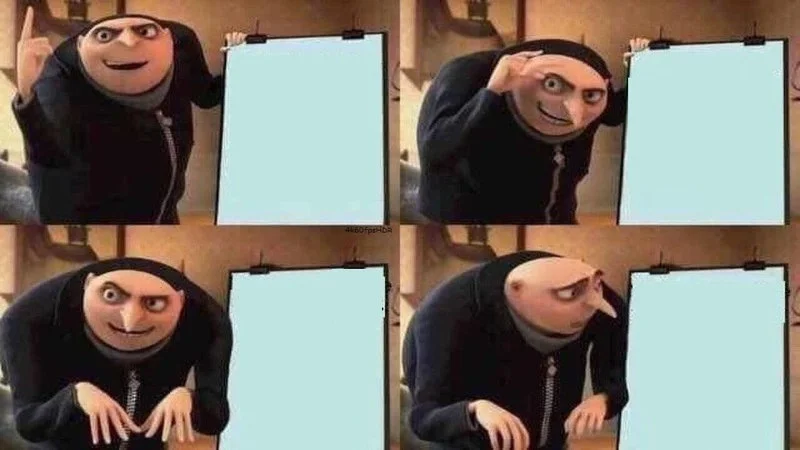Clean canonical Gru's Plan template with four panels of Gru and light blue presentation boards.
