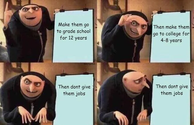 Gru's Plan meme with four panels about education (school, college, jobs) satirizing the system.