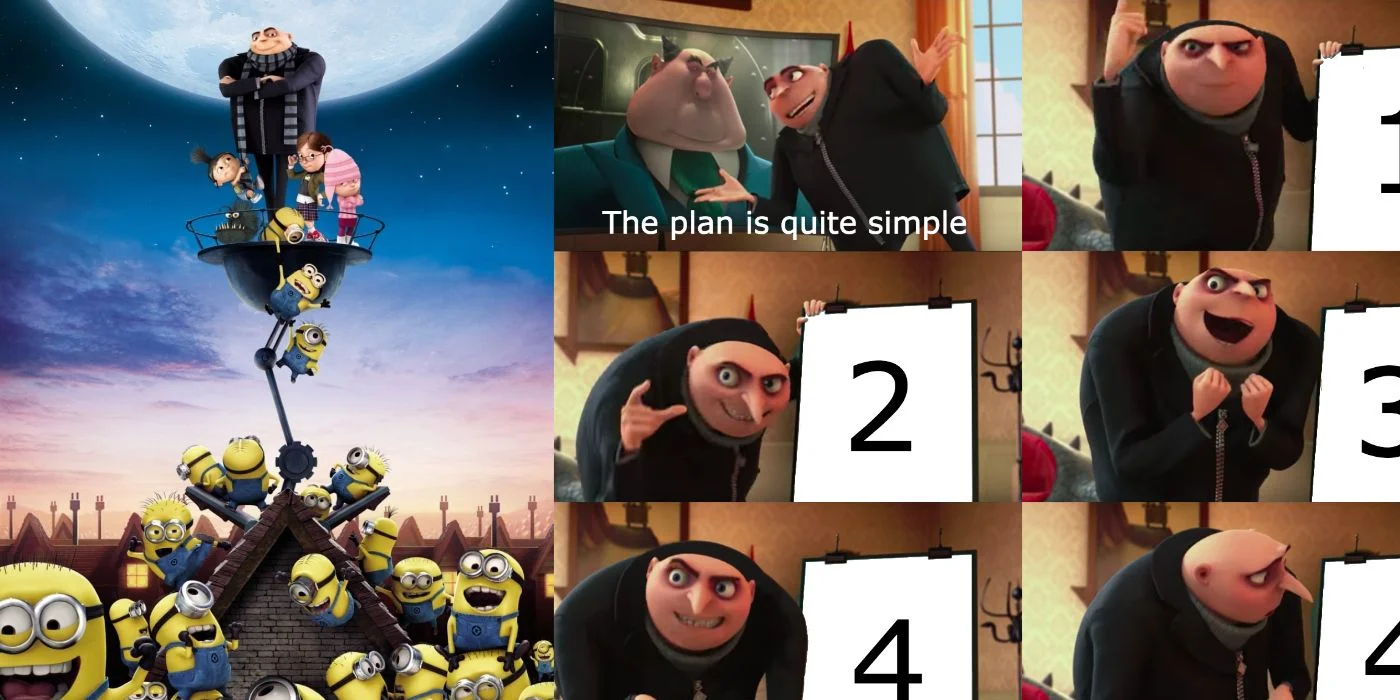 Gru's Plan meme composite with movie poster and four-panel template showing Gru at presentation board.