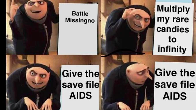 Gru's Plan meme with four panels showing Pokémon-related plans with Missingno and rare candies.