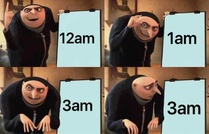 Gru's Plan meme with three panels showing time-related captions (12am, 1am, 3am, 3am).