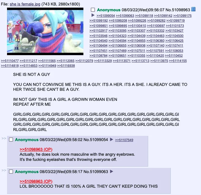 4chan thread arguing Grusha is a girl with repeated GIRL text