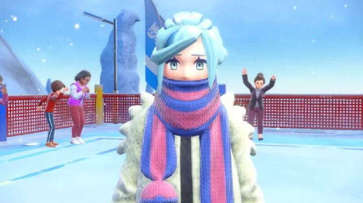 Grusha from Pokémon Scarlet and Violet with blue hair and striped scarf on a snowy rink