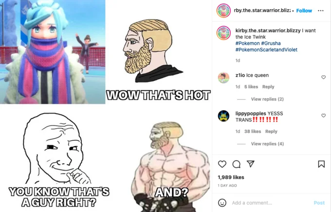 Tweet joking about Grusha's masculinity with reaction image