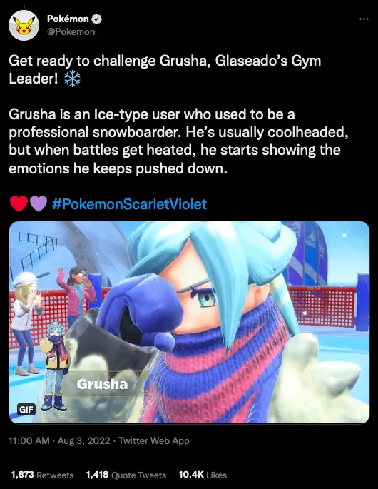 Official Pokemon Twitter announcement introducing Grusha the Ice-type Gym Leader