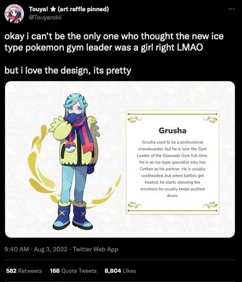 Tweet reacting to Grusha with the official character art and bio