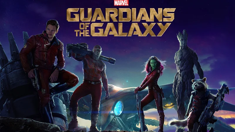 Guardians of the Galaxy movie promotional banner featuring Star-Lord, Drax, Gamora, Groot, and Rocket