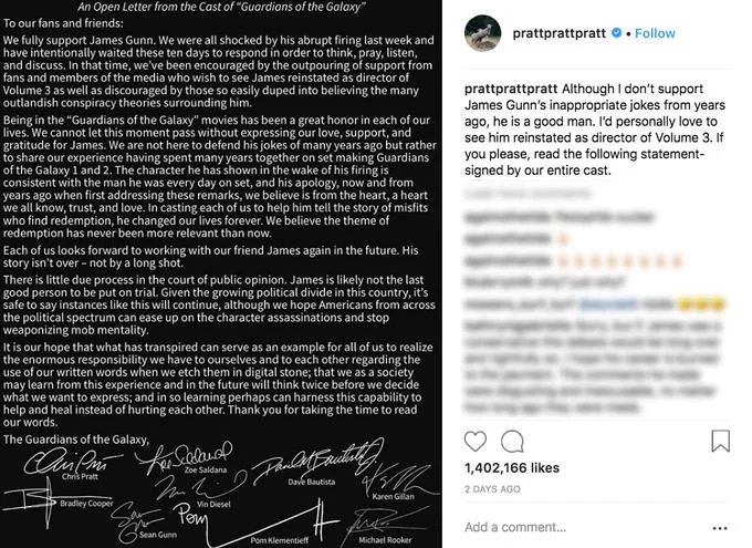 Guardians Of The Galaxy — Screenshot of Sean Gunn Twitter thread supporting his brother James