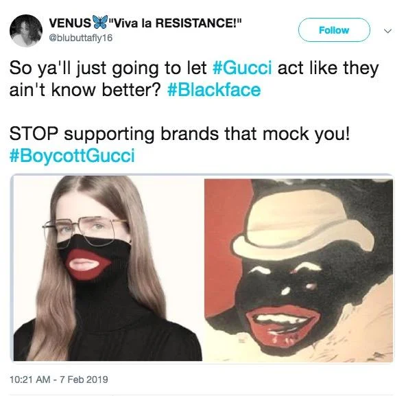 Gucci Blackface Balaclava Controversy — Tweet comparing the Gucci balaclava to a vintage blackface caricature with #BoycottGucci hashtag