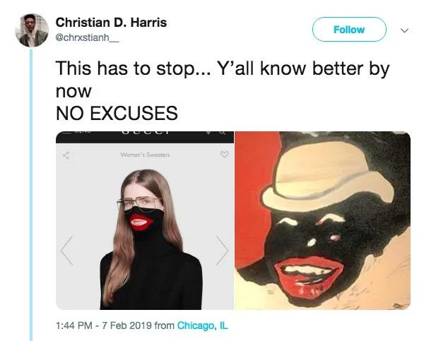Gucci Blackface Balaclava Controversy — Christian D. Harris tweet criticizing Gucci with side-by-side blackface caricature comparison