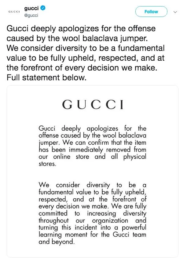 Gucci Blackface Balaclava Controversy — Official Gucci Twitter apology for the wool balaclava jumper controversy