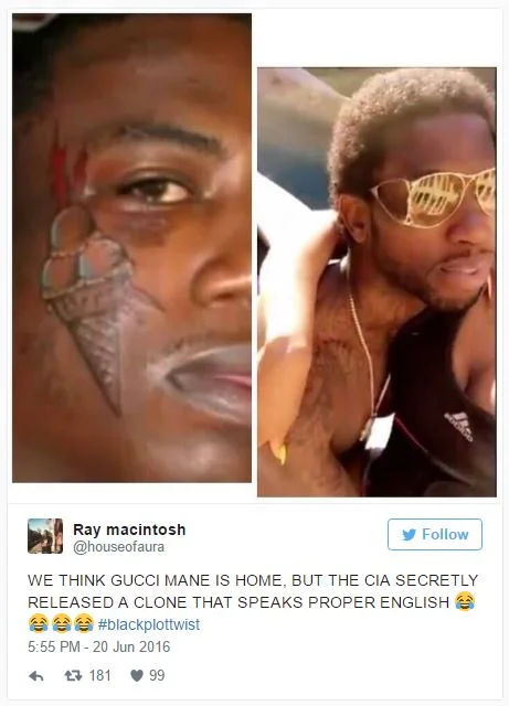 Gucci Mane — Tweet screenshot referencing operation free guwop CIA cloned gucci conspiracy