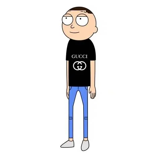 Square illustration of Gucci Morty in black Gucci shirt and blue jeans on white background