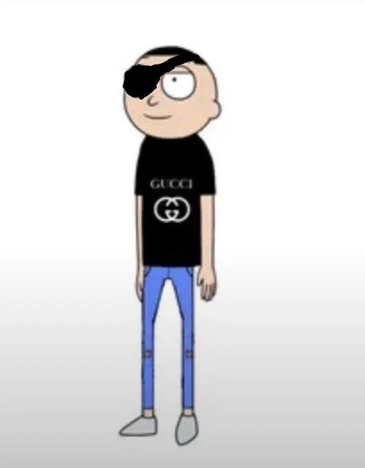 Gucci Morty variant wearing a black eyepatch over one eye