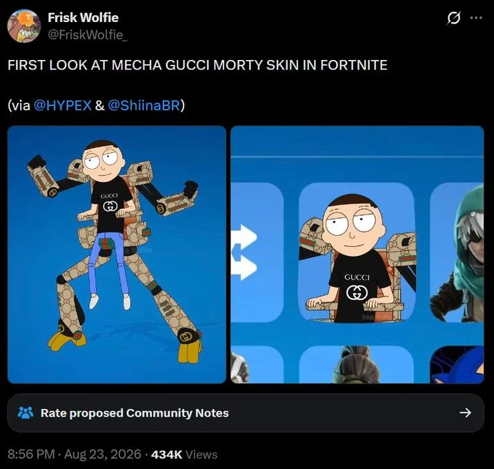 Twitter post announcing Mecha Gucci Morty skin coming to Fortnite with images of the mecha design