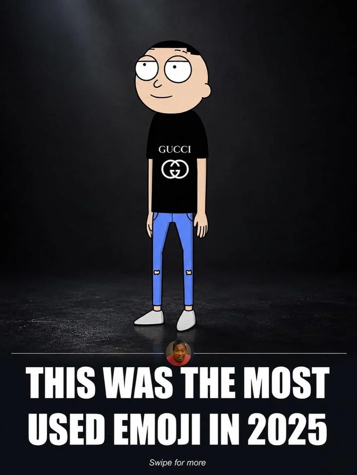 Gucci Morty under a spotlight with caption This was the most used emoji in 2025