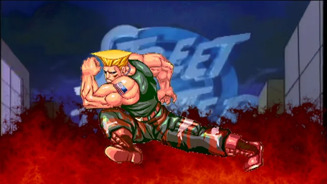 Guiles Theme Goes With Everything — Stylized animated image of Guile executing low slide kick against fiery red background with Street Fighter logo.