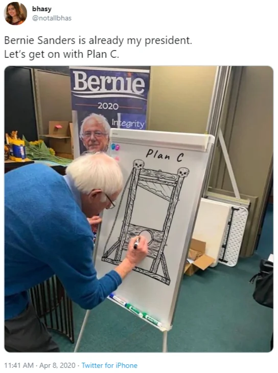 Tweet showing man drawing a 'Plan C' guillotine next to a Bernie 2020 poster