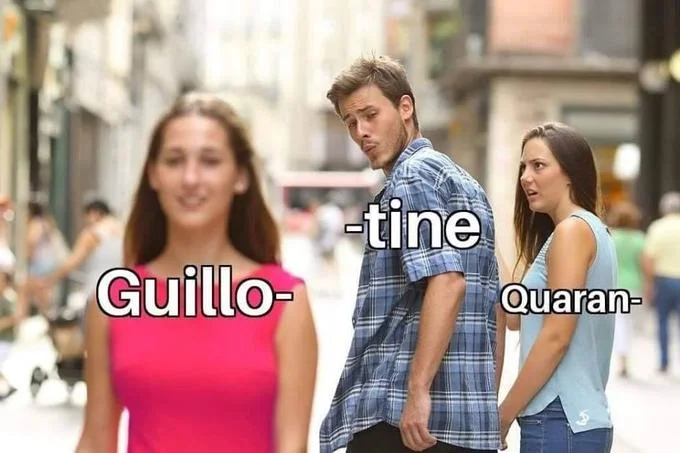 Distracted boyfriend meme with 'Guillo-' and 'Quaran-' labels forming guillotine and quarantine pun