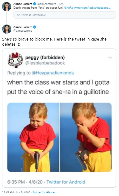 Twitter screenshot about putting the voice of She-Ra in a guillotine during a class war