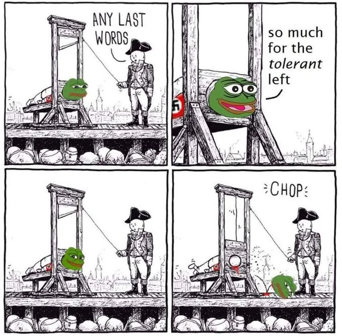Four-panel comic of Pepe being guillotined after saying 'so much for the tolerant left'