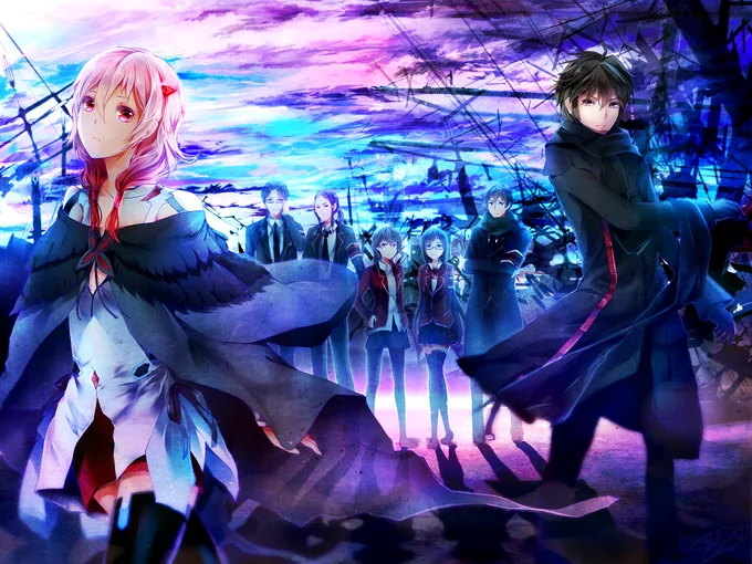 Guilty Crown cast group fan art with Inori and Shu in foreground