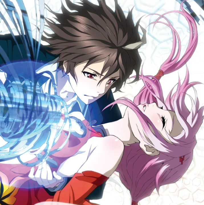 Shu Ouma holding Inori Yuzuriha with blue Void energy in Guilty Crown key art