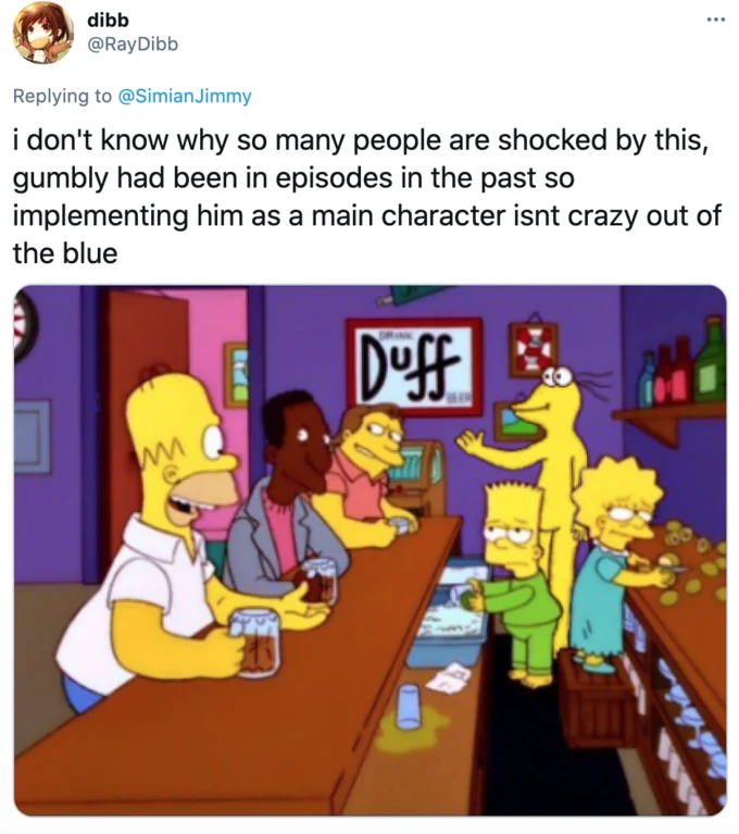 Reply tweet claiming Gumbly appeared in past episodes with Moe's Tavern photoshop