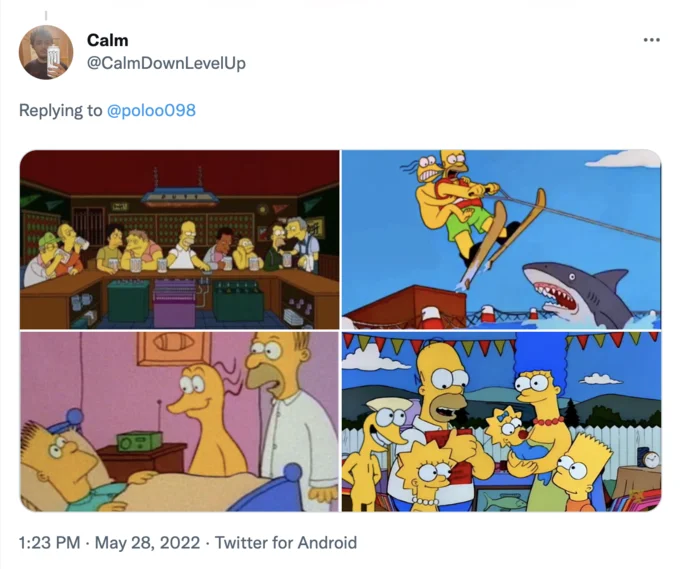 Four-image tweet collage of Gumbly inserted into famous Simpsons scenes