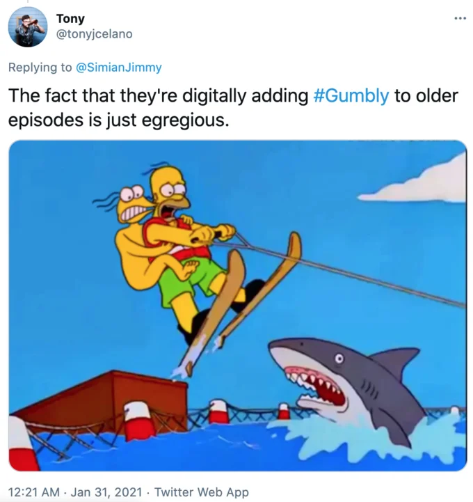 Reply tweet with Gumbly inserted into Homer's water-skiing shark-jump scene
