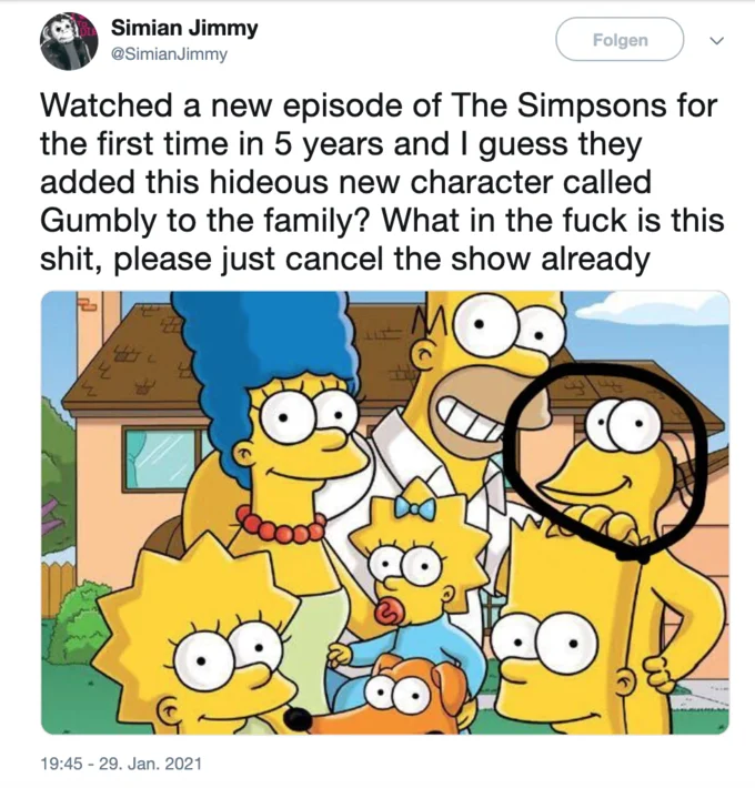 Tweet by Simian Jimmy complaining about new Simpsons character Gumbly