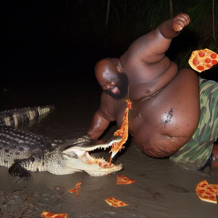 Gumbo Slice — Man fighting alligator over pizza in swamp water with scattered pizza slices