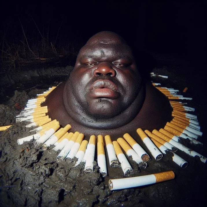 Gumbo Slice — Man's head emerging from mud surrounded by circle of cigarettes