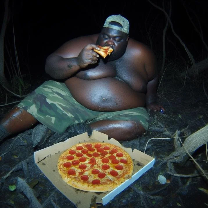 Gumbo Slice — Large man in camouflage clothing eating pepperoni pizza outdoors at night