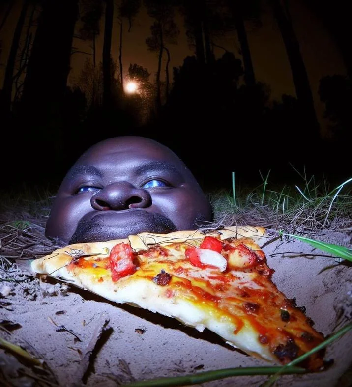 Gumbo Slice — Man's face near ground level approaching pizza slice in dark forest at night