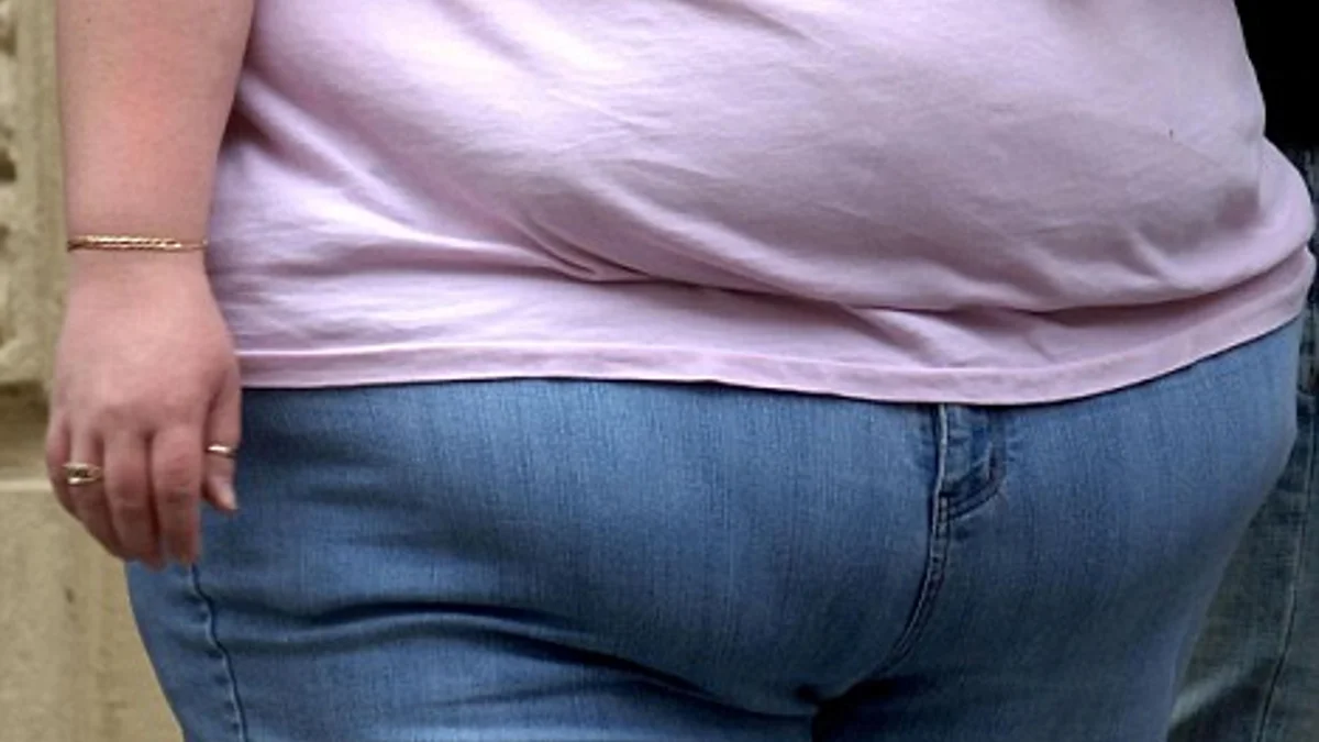 Gunt — Close-up of person in pink shirt and jeans showing lower belly bulge over waistband