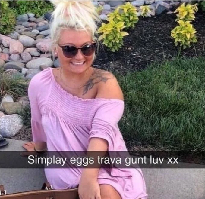 Blonde woman in pink dress with Snapchat caption 'Simplay eggs trava gunt luv xx'