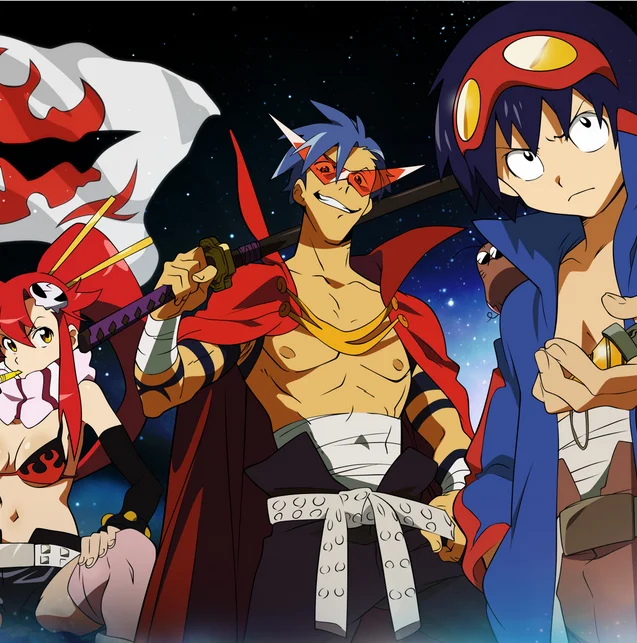 Yoko, Kamina, and Simon from Gurren Lagann posed together with a starry backdrop