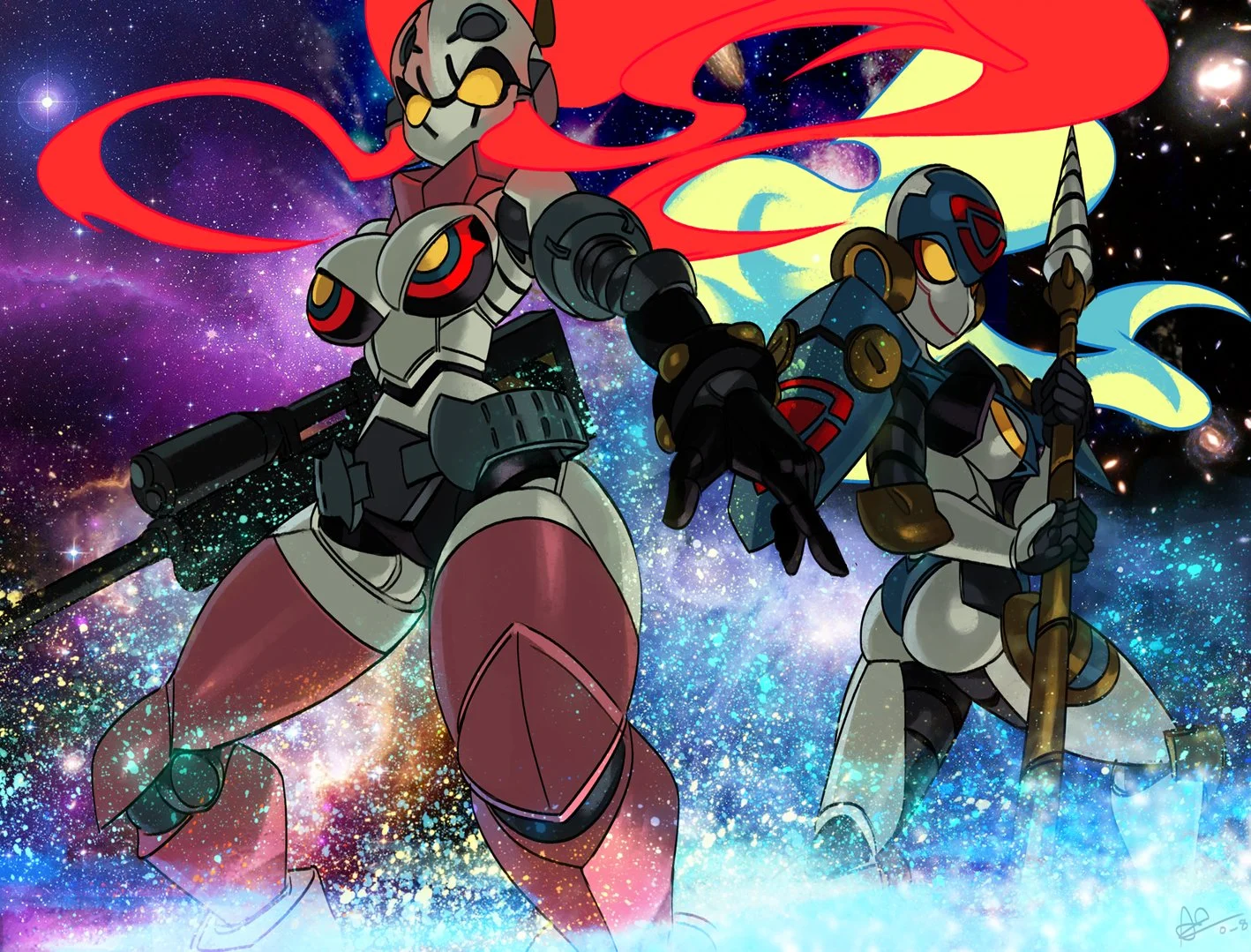 Gurren Lagann — Two armored anime-style female warriors posed in space, one with a rifle and one with a spear