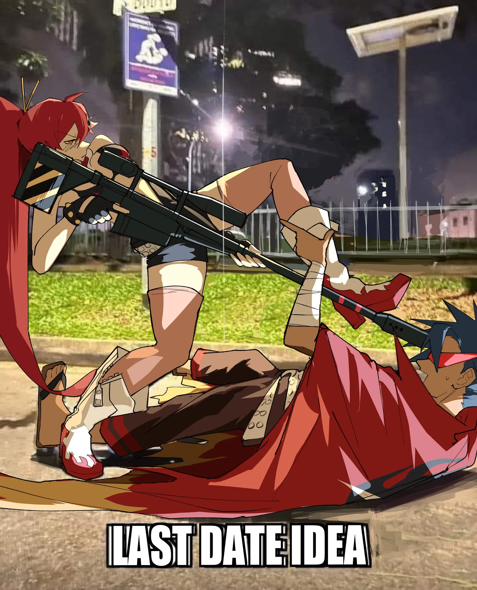 Gurren Lagann — Yoko pointing her sniper rifle at Simon on the ground with caption 'Last date idea'