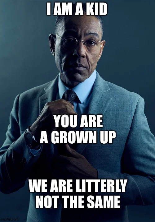Giancarlo Esposito as Gus Fring in teal suit with Impact text presenting humorous age-based comparison.