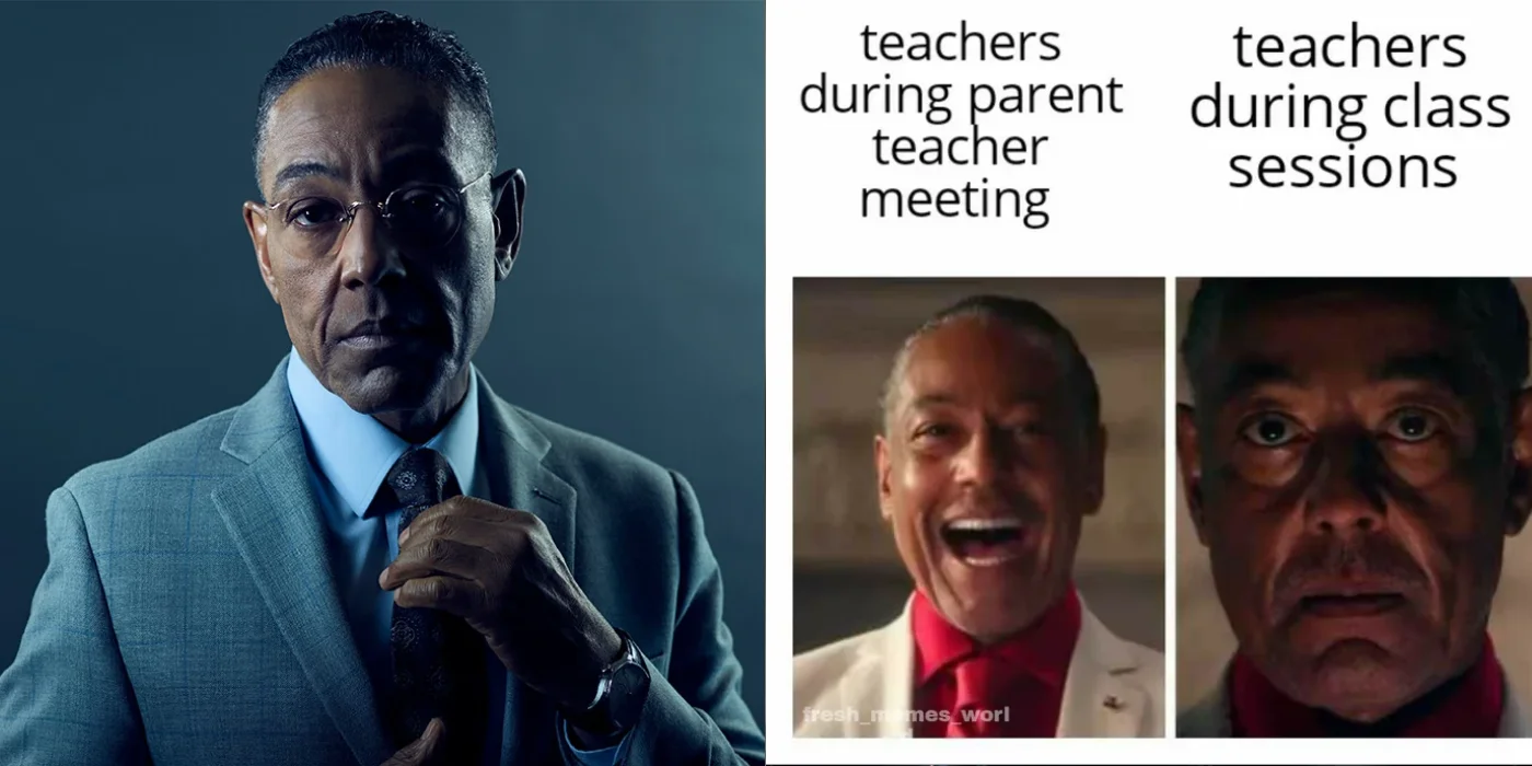 Gus Fring in teal suit on left with labeled comparison images on right showing contrasting teacher behaviors.