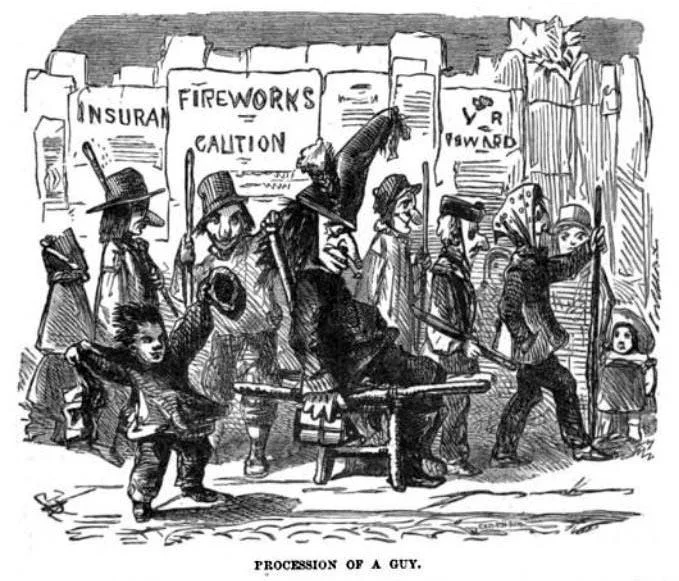 Guy Fawkes Mask — Historical engraving of a Guy Fawkes Day procession with children carrying an effigy