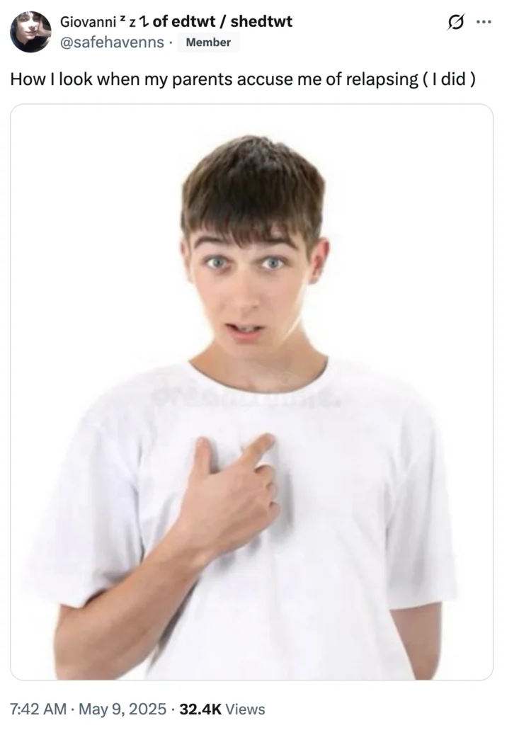 Guy Pointing At Himself — Twitter post using pointing guy image with relapsing caption