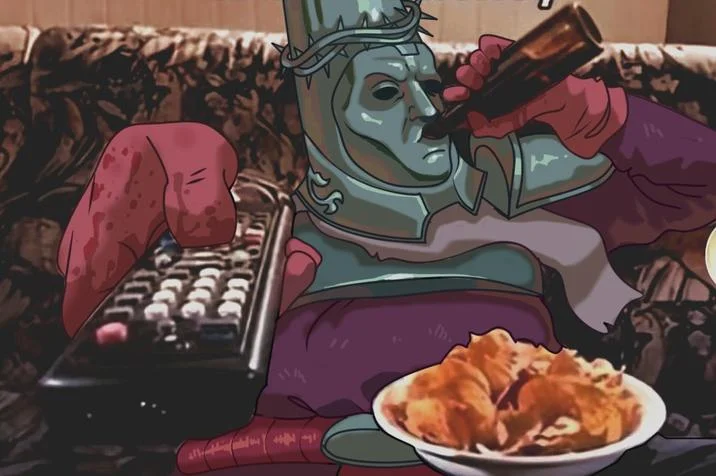 Guy Sipping Beer On A Couch Stock Image — Composite of fantasy character in teal armor and crown of thorns positioned in beer couch meme.