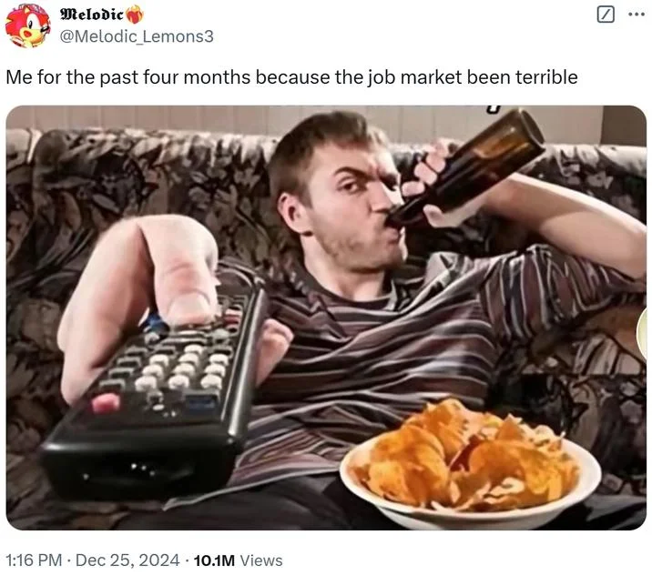 Guy Sipping Beer On A Couch Stock Image — Tweet from @Melodic_Lemons3 using beer couch photo as reaction about job market with 10.1M views.