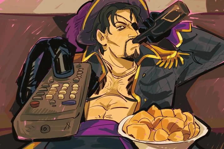 Guy Sipping Beer On A Couch Stock Image — Anime-style fan art of flamboyant pirate character recreating beer couch meme pose.